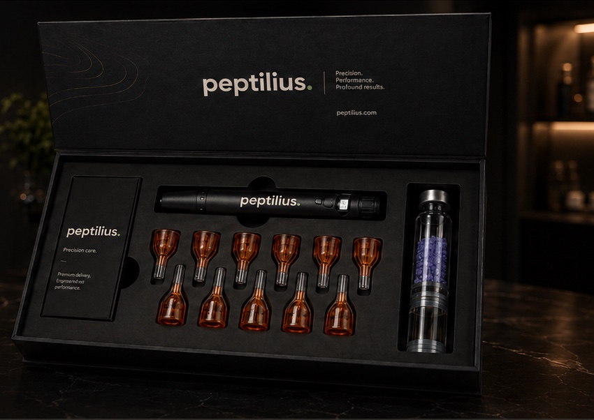An open matte-black Peptilius presentation box on dark marble: a branded delivery pen, two rows of amber cartridges and a glass cartridge device, with a warm, out-of-focus interior behind.